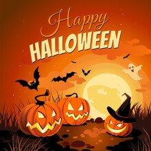 Halloween Banner With Tradition Symbols. Pumpkins And Bats On The Orange Moon Background, Illustration.
