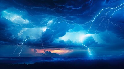 Blue Lightning Storm of Nature's Power and Danger - A Generative AI Generated Image of Bright Blue Lightening in the Stormy Night Sky Above Clouds: Generative AI