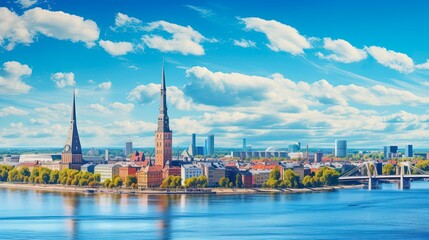 Wall Mural - Captivating Riga Skyline - A Panoramic Landscape View of Latvia's Iconic Cityscape with Architectural Wonders and Skyscrapers. Generative AI