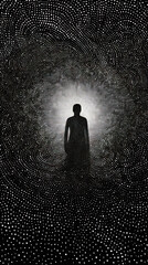 Silhouette of a person standing in front of a tunnel of light, pointillism style