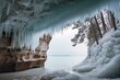 canvas print picture - Ice cave formed by dripping water on cliff edges during Upper Peninsula winter at Lake Superior. Generative AI