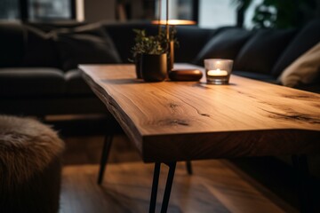 Wall Mural - Close-up wood table w/ copy space against cozy living room background. Generative AI