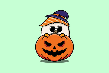 Poster - Cute Sushi cartoon character hiding in pumpkin halloween illustration in flat modern design