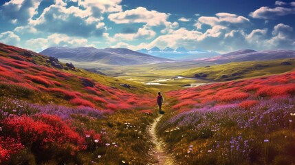 Wall Mural - A person walking on a path through a field of flowers. Generative AI image.