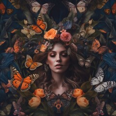 Wall Mural - A woman surrounded by butterflies and flowers. Generative AI image.