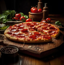 Large Pepperoni Pizza On Wooden Board.