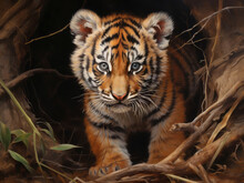 Painting Of A Tiger Cub In The Forest
