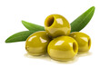 Olives isolated. Ripe pitted olives in oil with leaves on a transparent background.