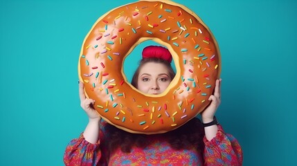 Wall Mural - plus size happy plump girl attractive overweight model on blue background holding a huge donut, ai g