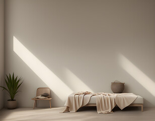 Minimal Leisure Room abstract light beige background for product presentation with soft light from the window on wall. Generative AI, illustration