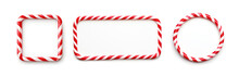 Set Candy Cane Frame With Red And White Striped. Xmas Border With Striped Candy Lollipop Pattern. Blank Christmas And New Year Template On Isolated White Background. Generative AI