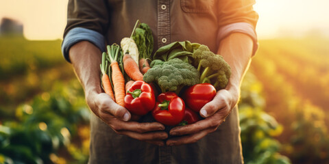 farmer holding fresh vegetables in hands on harvest field background at sunset. organic farming. banner with copy space. generative AI