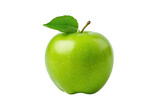 A portion of a green apple along with its green leaves is seen alone on a transparent background. The perspective is from the top.