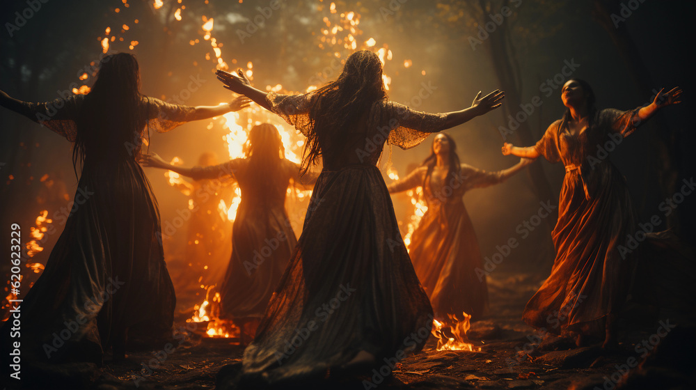 Witches dancing around fire in the forest. Ritual dance Stock ...