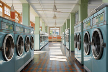 Professional Washing Machines At The Self-service Laundry. Interior. Generative AI