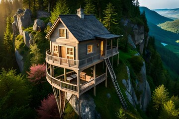 Wall Mural - treehouse over mountain generative Ai