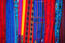 Colorful Textile For Sale In Public Space In Guatemala City, Work Done By Indigenous Hands Of Millenary Mayan Culture, Handicraft Work Economy In Latin America.