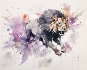 Wall Mural - fluidity and unpredictability of watercolors by creating a dynamic and energetic lion print. bold brushstrokes and splashes of color to depict the lion's movement and power