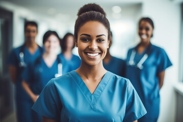 portrait of a young nursing student standing with her team in hospital, dressed in scrubs, doctor in