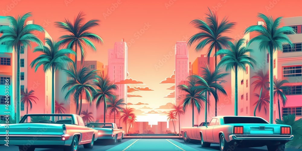 AI Generated. AI Generative. Miami beach old vintage retro car with ...