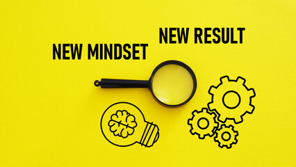 new mindset new result is shown using the text and picture of gears and the lamp with the brain