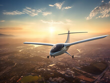 Modern Two-seat Electric Plane Flies Over The City In The Sunset. Generative AI