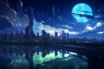 city ​​and moon view, anime style