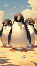 Penguins Wearing Sunglasses On The Beach Illustration, Postcard, Portrait, Ai