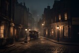 Fototapeta Londyn - A Victorian-era London evening with gas-lights, fog, and cobble-stone streets. Generative AI