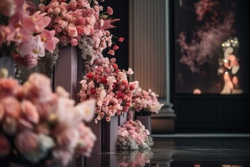 Wall Mural - A pink floral podium display. Generative AI