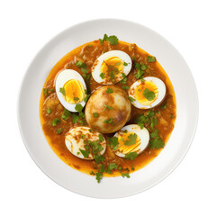 Wall Mural - Egg Curry On White Plate, Directly Above View On Isolated Transparent Background, Png. Generative AI