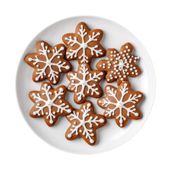 Sticker - Gingerbread Cookies On White Plate, Directly Above View On Isolated Transparent Background, Png. Generative AI