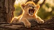 african lion cub yawning and stretching under a tree, created with generative ai