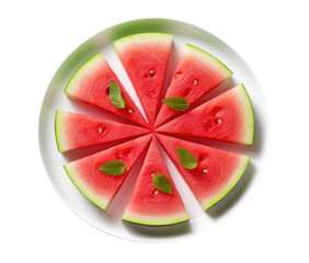 Canvas Print - Watermelon On White Plate, Directly Above View On Isolated Transparent Background, Png. Generative AI