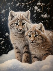 Wall Mural - a pair of lynx kittens huddled together seeking warmth, created with generative ai