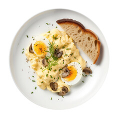 Wall Mural - Truffle Scrambled Eggs On White Plate, Directly Above View On Isolated Transparent Background, Png. Generative AI