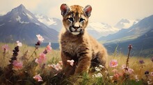 Puma Cub Crouching In A Field Of Wildflowers, Created With Generative Ai