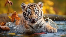 Siberian Tiger Cub Shaking Off Water After A Refreshing Swim, Created With Generative Ai