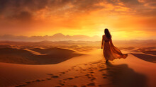 Arabian Woman Walk In The Desert Sand And Dunes At Sunset Ai Generated Art 

