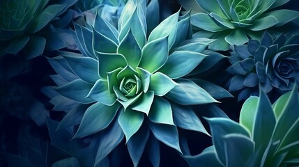 Wall Mural - agave cactus, abstract natural pattern background, dark blue toned Generative AI