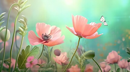 Wall Mural - Beautiful pink flower anemones fresh spring morning on nature and fluttering butterfly on soft green background Generative AI