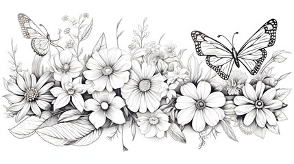 Group of Wildflowers, herbs, flowers, plants and butterflies flyng around. Outline Style 
