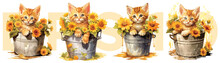 Watercolor Painting Style Of Orange Kitten And Flowers In Water Bucket, Vector Illustration