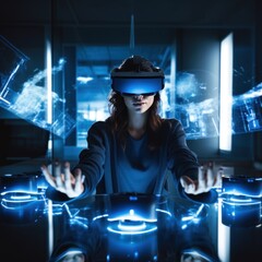 a woman wearing a virtual reality headset sitting at a table. generative ai image.