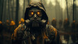 Close-up portrait of a stalker man in a gas mask in destructed apocalyptic forest. Generative AI.