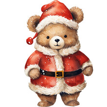 Brown Bear Wearing Santa Claus Costume On Transparent Background