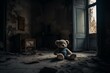 Lonely teddy bear in dark abandoned room, evoking poverty, fear, and child loneliness. Mysterious and eerie. Generative AI