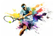 Watercolor abstract representation of tennis. Tennis player in action during colorful paint splash, isolated on white background. AI generated illustration.	
