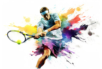 watercolor abstract representation of tennis. tennis player in action during colorful paint splash, 