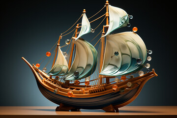 Poster - Beautiful abstract geometric sculpture Boat, rendered in soft hues of green, navy, and gray, exuding a serene and regal presence .  Generative AI technology.
